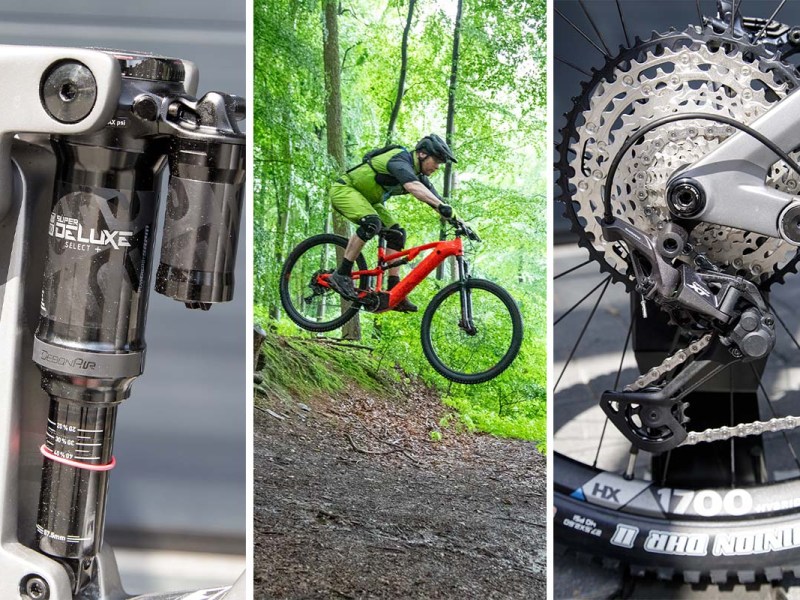 Dreigeteiltes Bild: Links Nahaufnahme einer Hinterbaufederung vom Fahrrad, Mitte Totale, Mann springt mit einem E-Mountainbike, rechts Detailaufnahme Schaltkranz eines Fahrrads